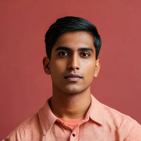 A man in an orange shirt poses for a picture.